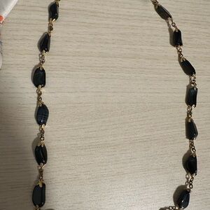 Vintage Black Stone Beaded Necklace with Gold-Tone Accents